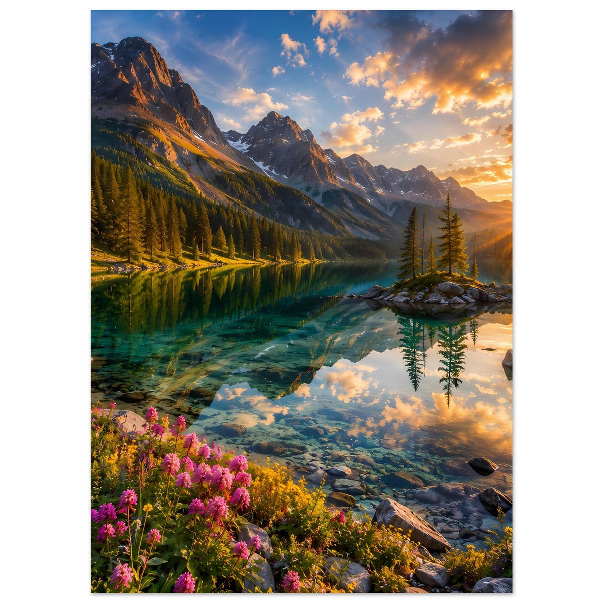 Vertikales Landschaftsposter mit Alpengebirge, Spiegelungen im See, Tanneninsel und Blüten