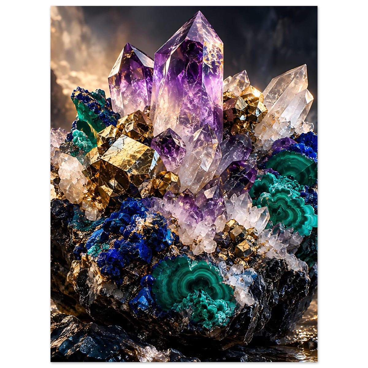 Kristallposter mit zentralem violettem Amethystkristall und grünem Malachitcluster