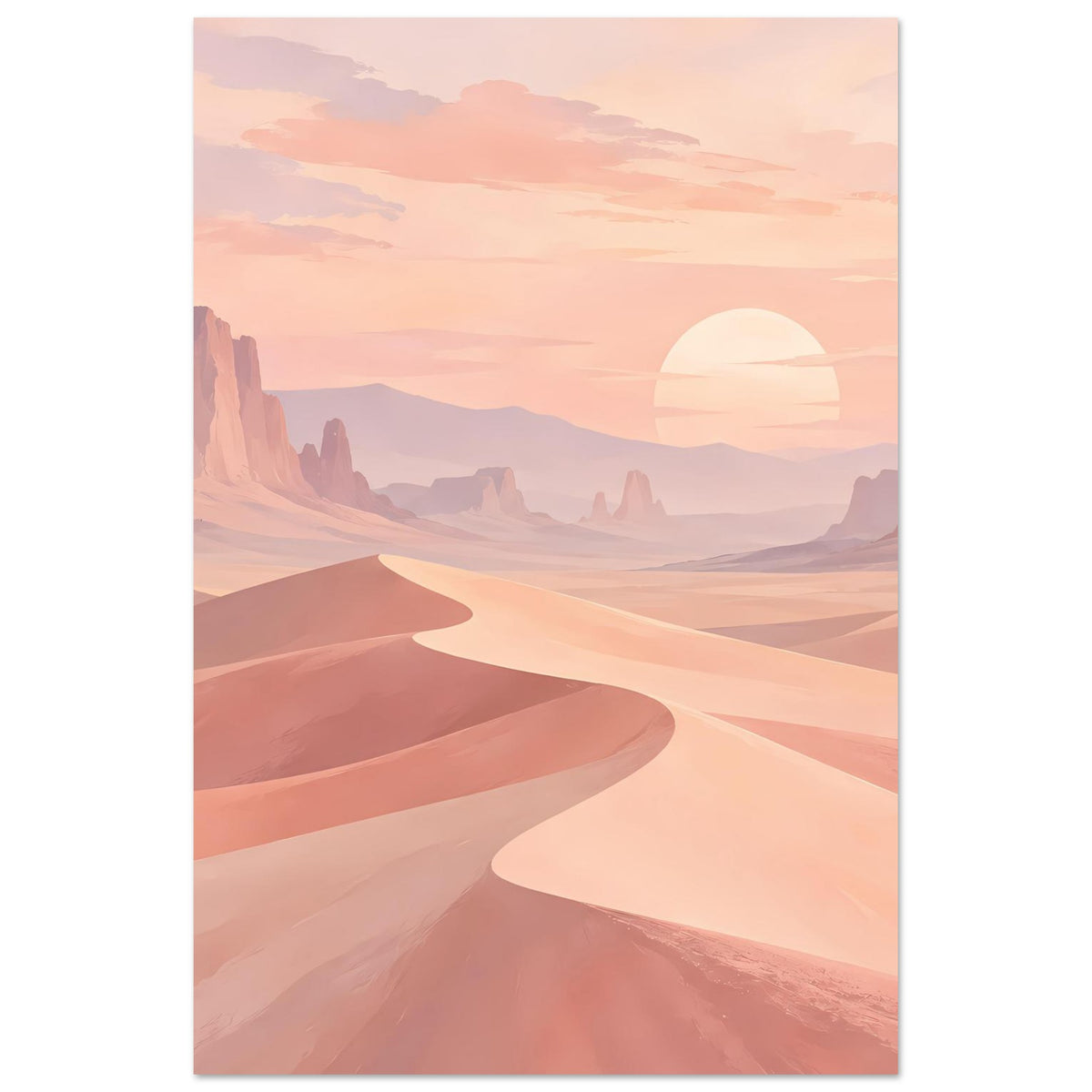 Hochformat-Poster: Sanddünenlandschaft mit glühender Sonne und Bergkonturen