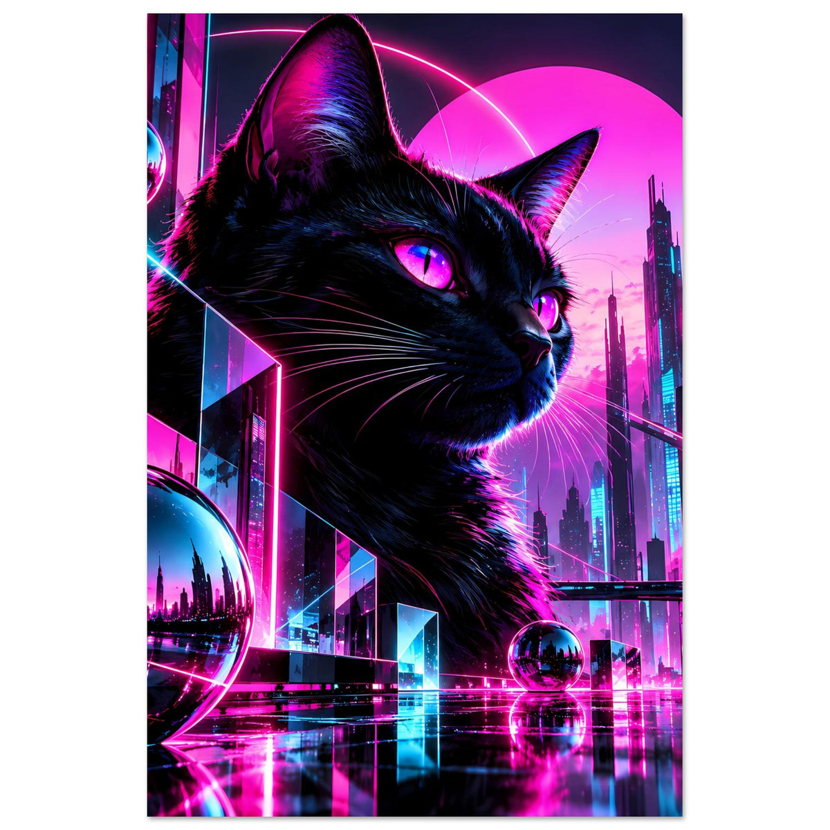 Hochformat-Poster mit schwarzer Katze und pink-blauem Neon, futuristische Stadtkulisse
