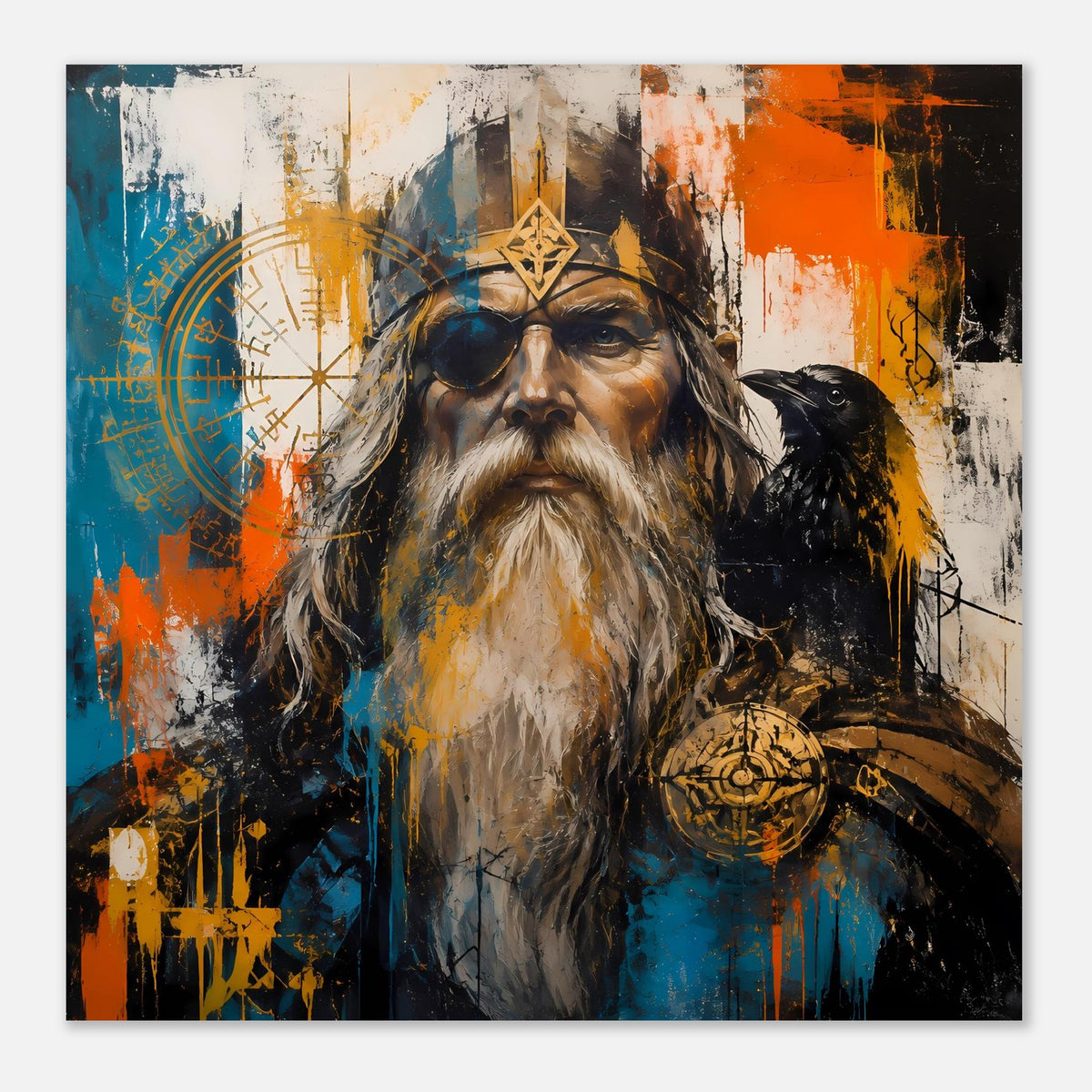 Wandposter: Wikinger mit Augenklappe, Rabe rechts, Bart und farbige Spritzgrafik