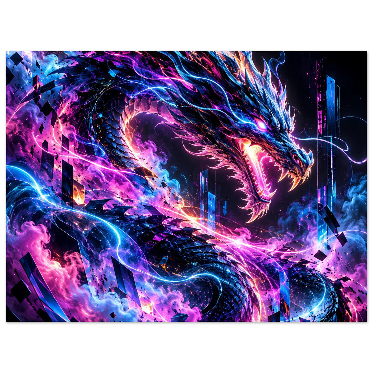 Poster im Querformat: leuchtender Cyber-Drache, blau-pinke Energieflammen und futuristische Skyline