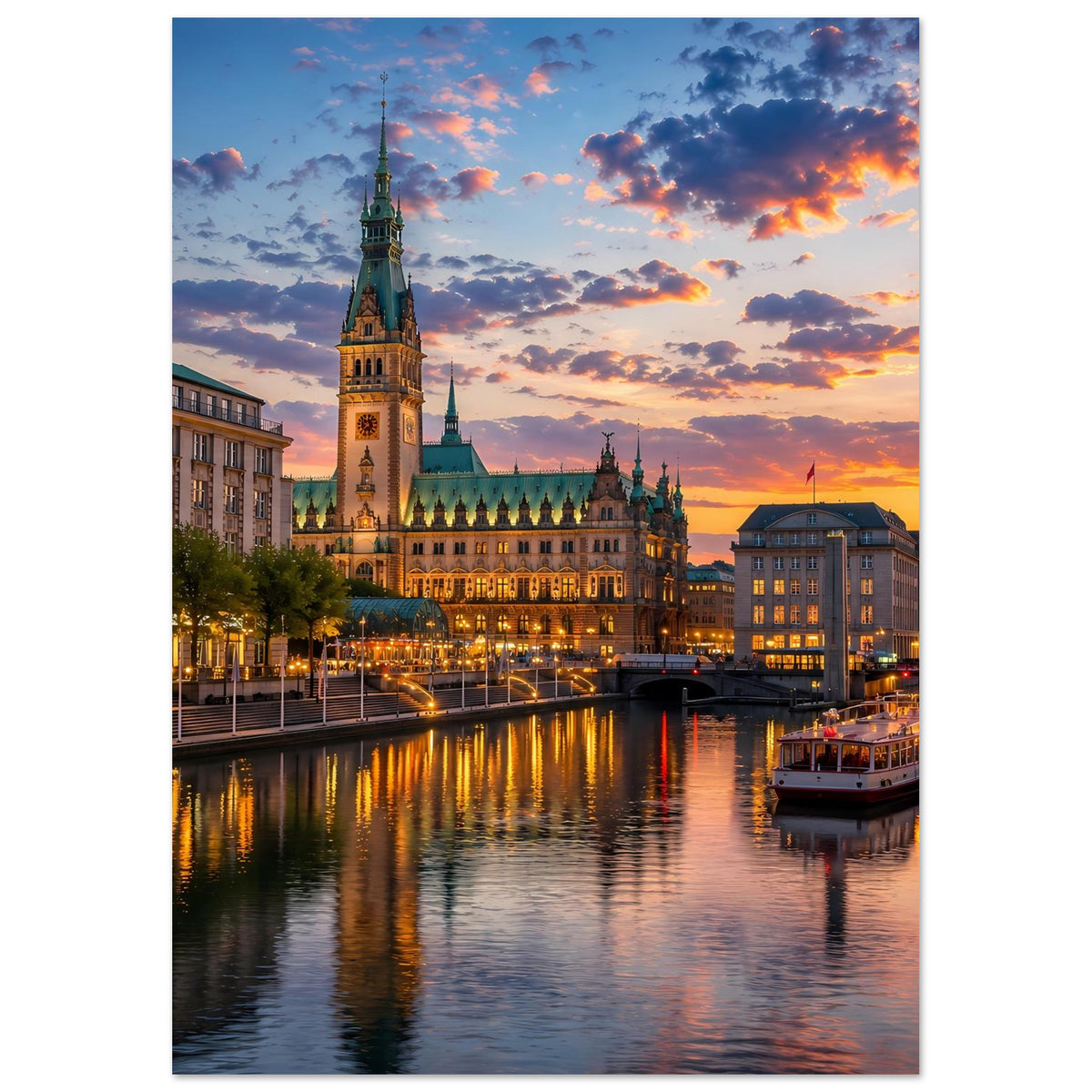 Stadtansichten-Plakat mit Kirchturm, Uferhäusern und ruhigem Wasser bei warmem Abendlicht