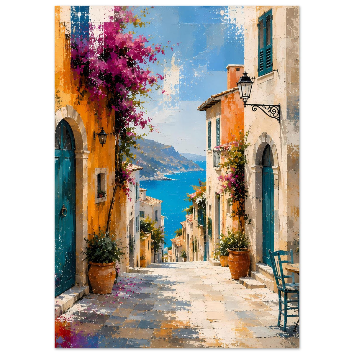 Kunstposter: schmale Gasse mit türkisblauer Tür, orange Wandflächen, lila Blüten und Küstenblick