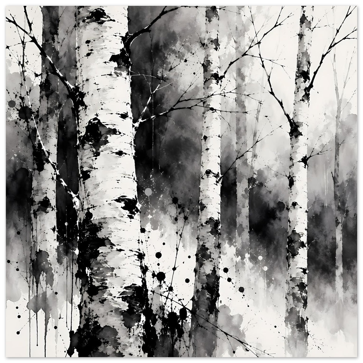 Monochromes Birkenwald-Kunstposter, helle Birkenstämme mit schwarzer Farbspur