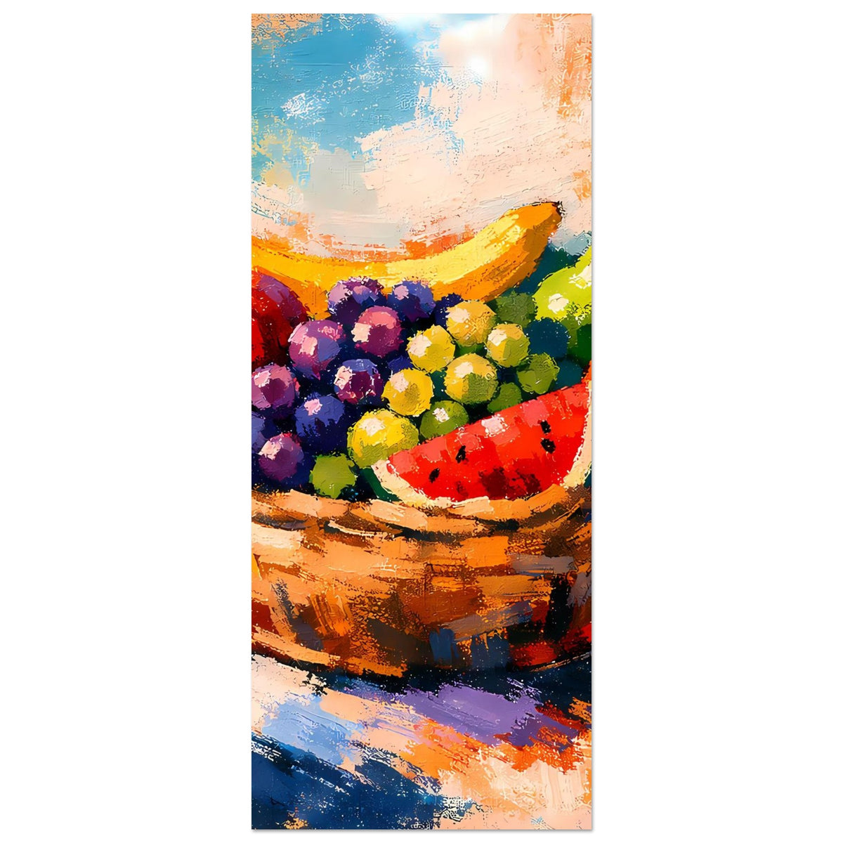 Hochformat-Poster mit Früchtekorb-Motiv aus Trauben, Wassermelone und bunten Obststücken