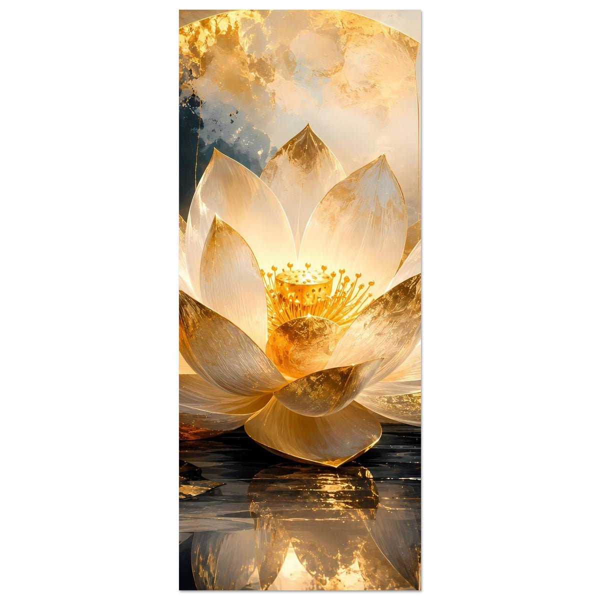 Kunstposter (Hochformat): goldweiße Lotusblüte auf spiegelndem Wasser, goldene Akzente