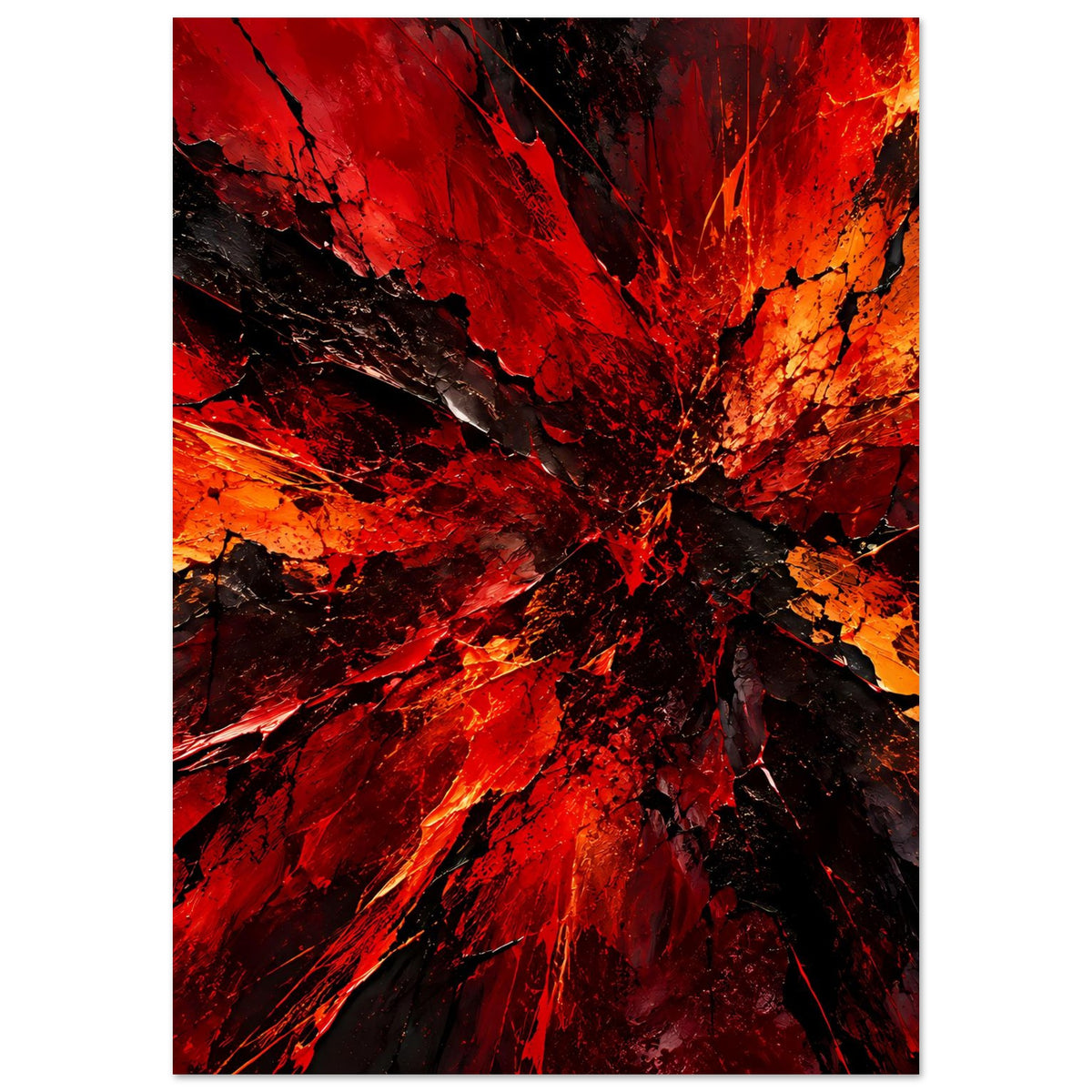 Hochformatiges Poster: abstrakte Explosion mit roten Flächen, orangefarbenen Akzenten und Schwarz