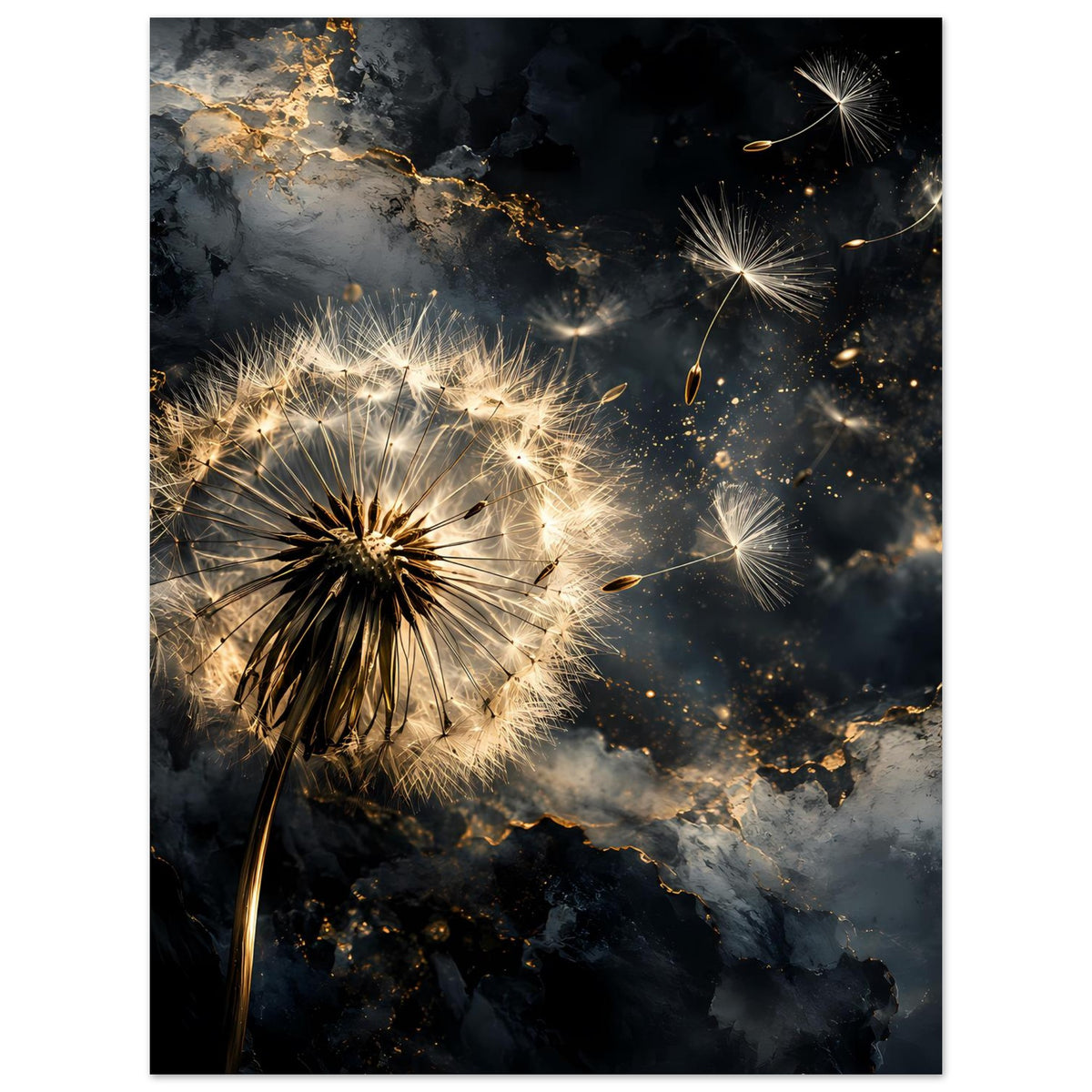 Premium-Mattposter mit goldener Pusteblume über dunklem, marmoriertem Hintergrund