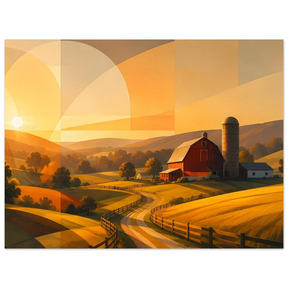 Abstraktes Wandbild mit roter Scheune, Siloturm, gewundenem Weg, goldenen Feldern und Vielflächen.