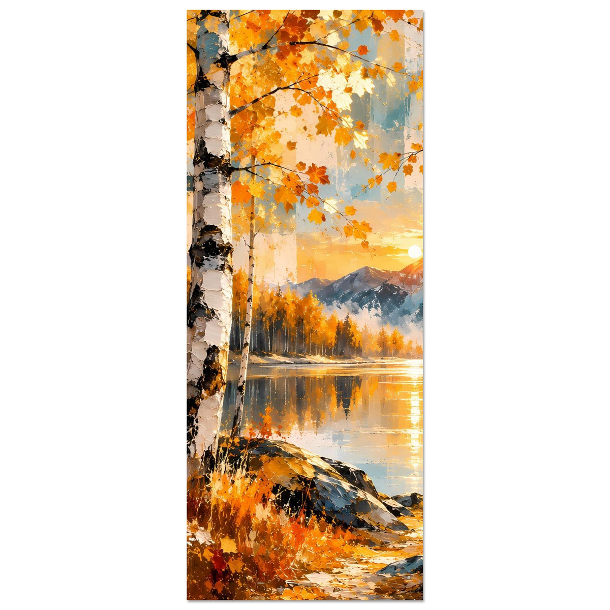 Vertikales Herbstposter mit Seeufer, Birkenstämmen und Sonnenlicht auf dem Wasser