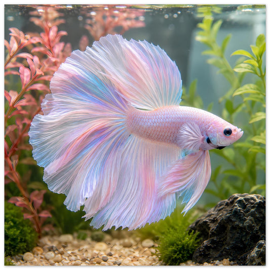 Poster mit pastellfarbenem Kampffisch (Betta) mit weit geöffneten Flossen im Aquarium