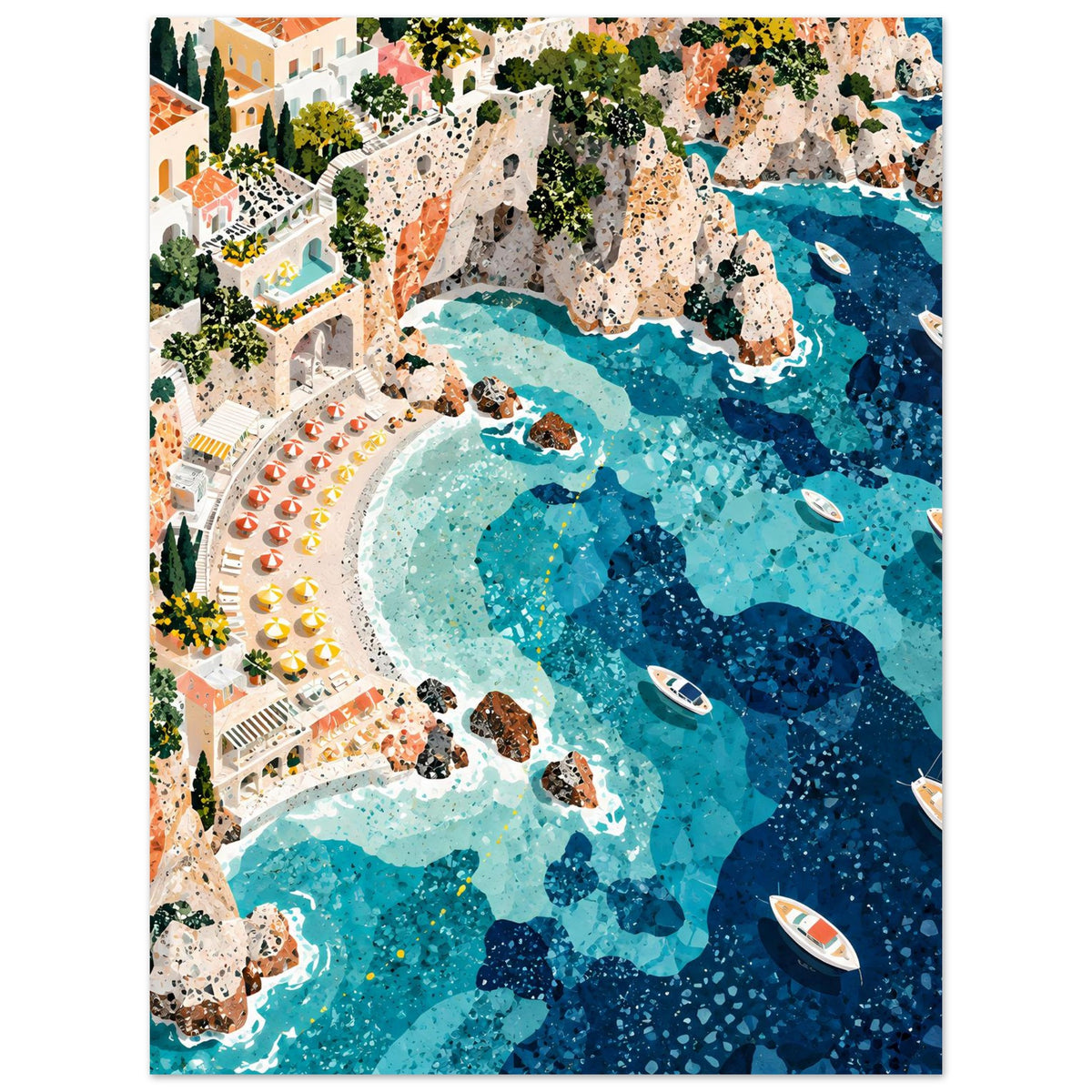 Mediterrane Küstenlandschaft mit Villen, sonnigen Felsklippen und türkisblauem Meer in Mosaikoptik – Posteransicht 7