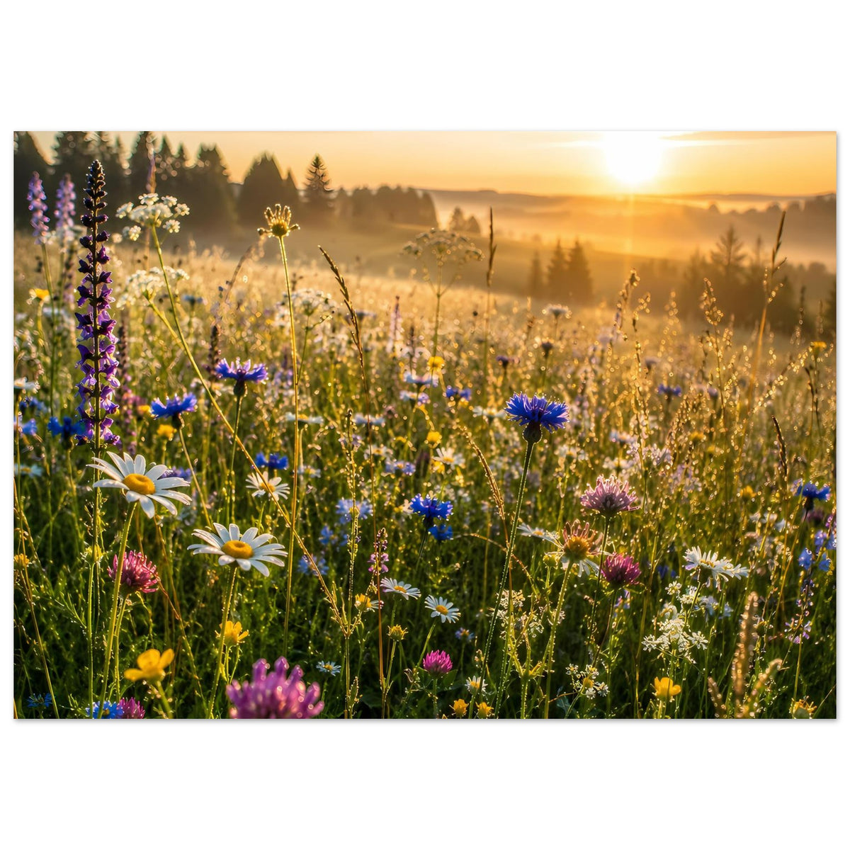 Wildblumenwiese-Poster im Querformat mit Gänseblümchen und blauen Blüten bei Dämmerung