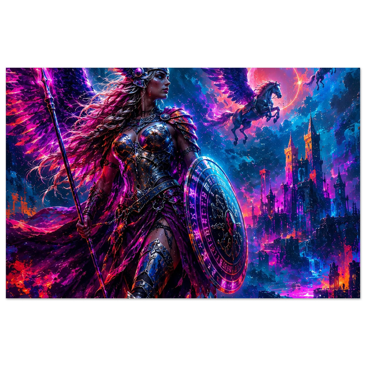 Breites Fantasy-Poster: Valkyrie-Kriegerin, Schwert, Rundschild und farbintensive Szenerie