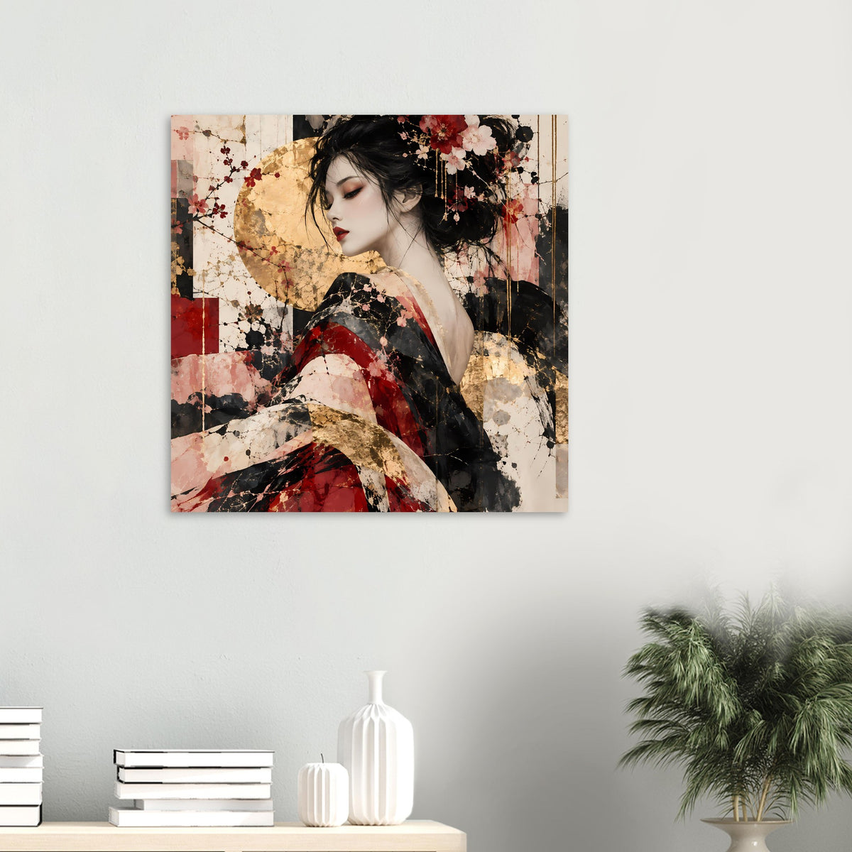 Kunstposter im Querformat: Porträt einer Frau mit Blumen, rote und goldene Farbmischung im Bild