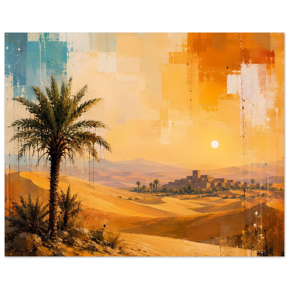 Wandposter im Querformat: Palme links, goldene Dünen und Oasenort in warmem Orange.