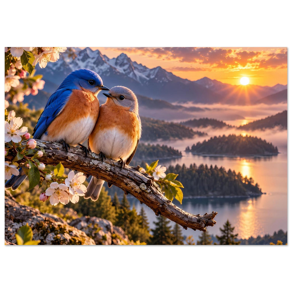 Querformat-Poster: zwei Vögel auf Ast mit blühenden Zweigen und warmem Himmel
