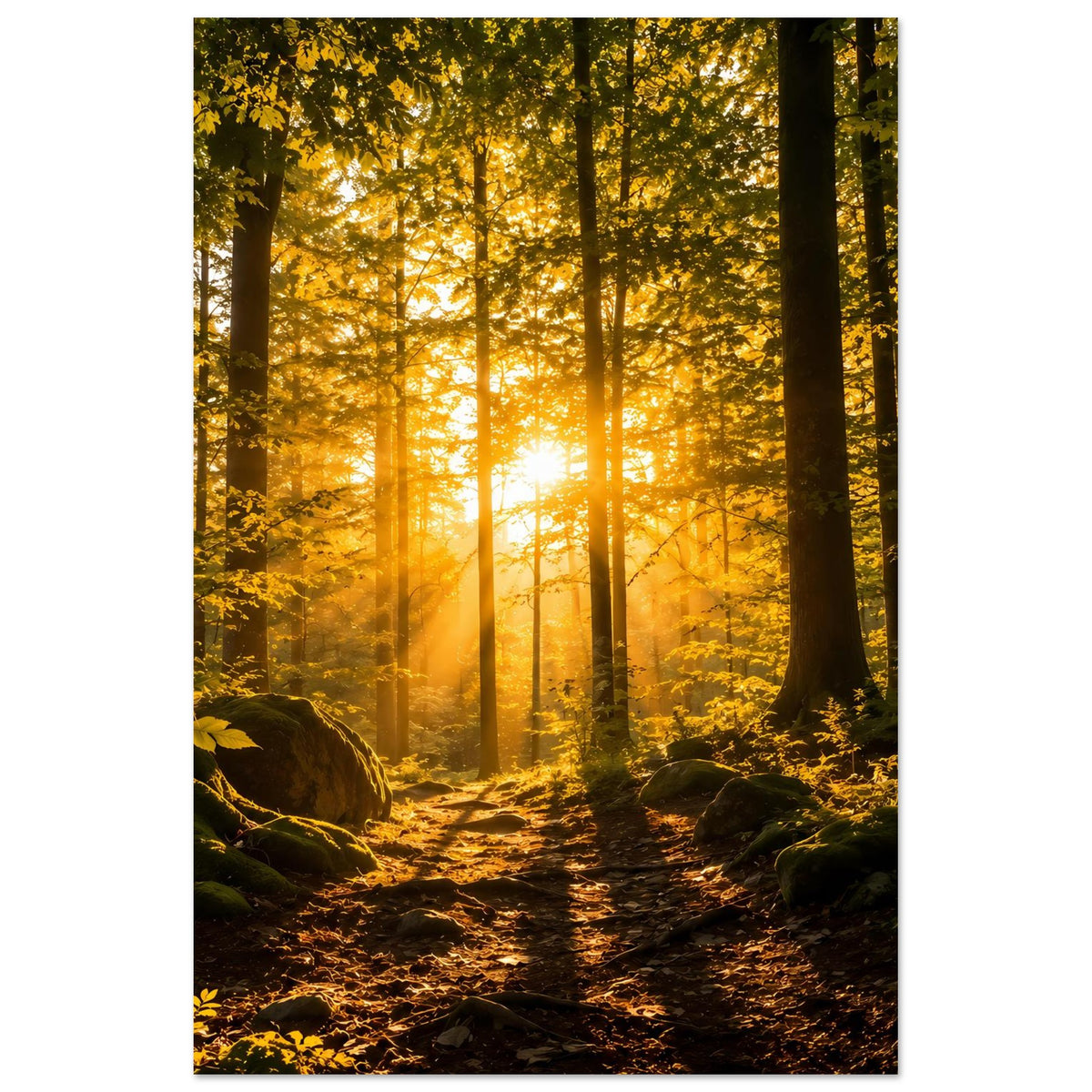 Waldposter mit Sonnenaufgangsstimmung: Pfad im Wald, Felsen und Büsche am Rand