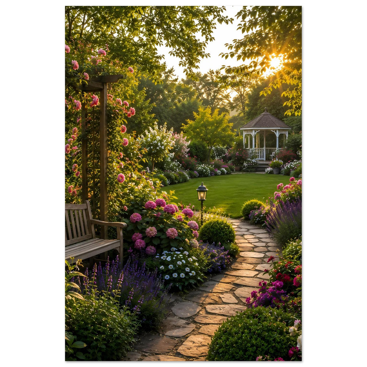 Gartenposter mit blühenden Rosenbeeten, Stegweg, Holzbank und Pavillon bei Abendlicht