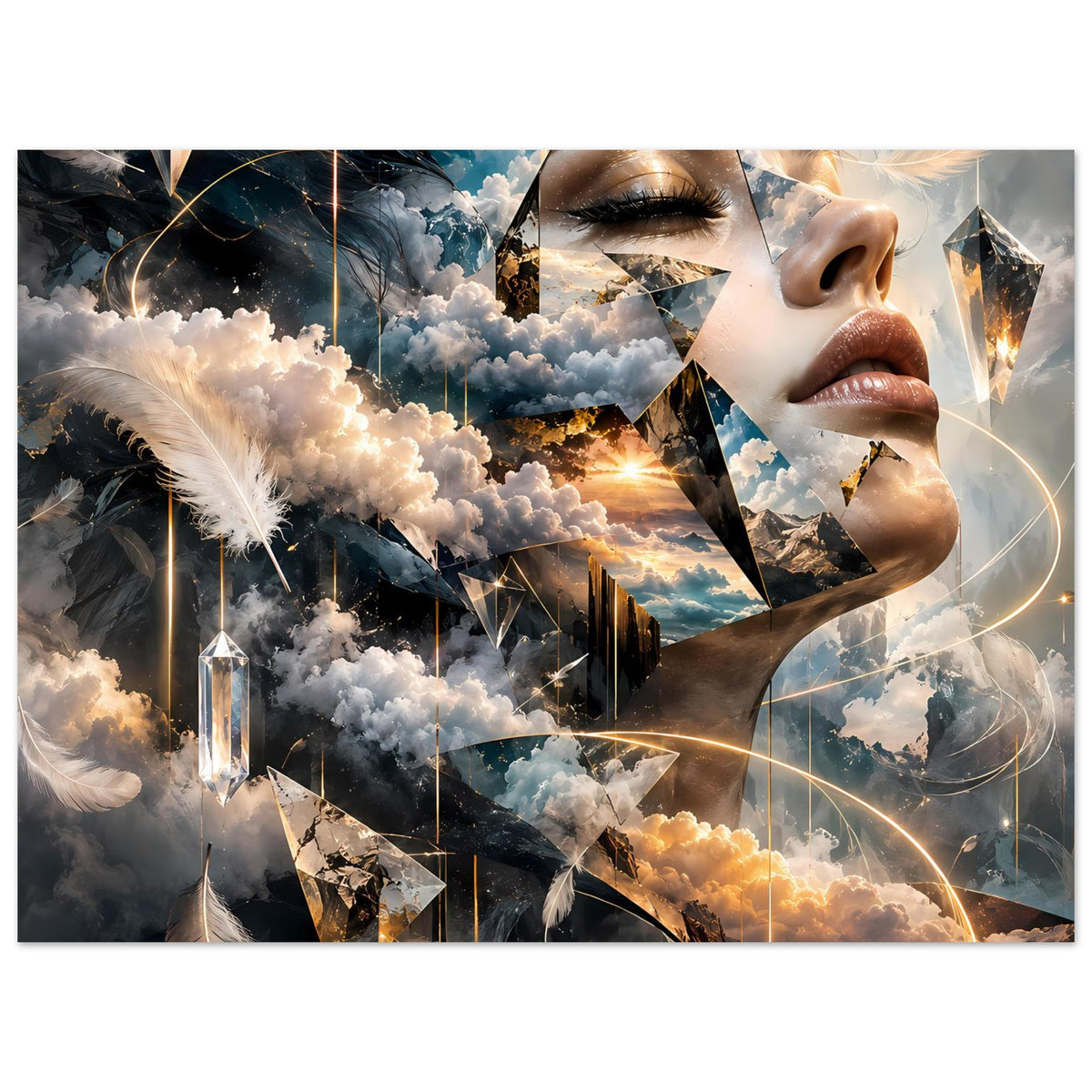 Horizontales Poster: Frauengesicht, Wolken, Kristalle, feine goldene Linien und leuchtende Punkte
