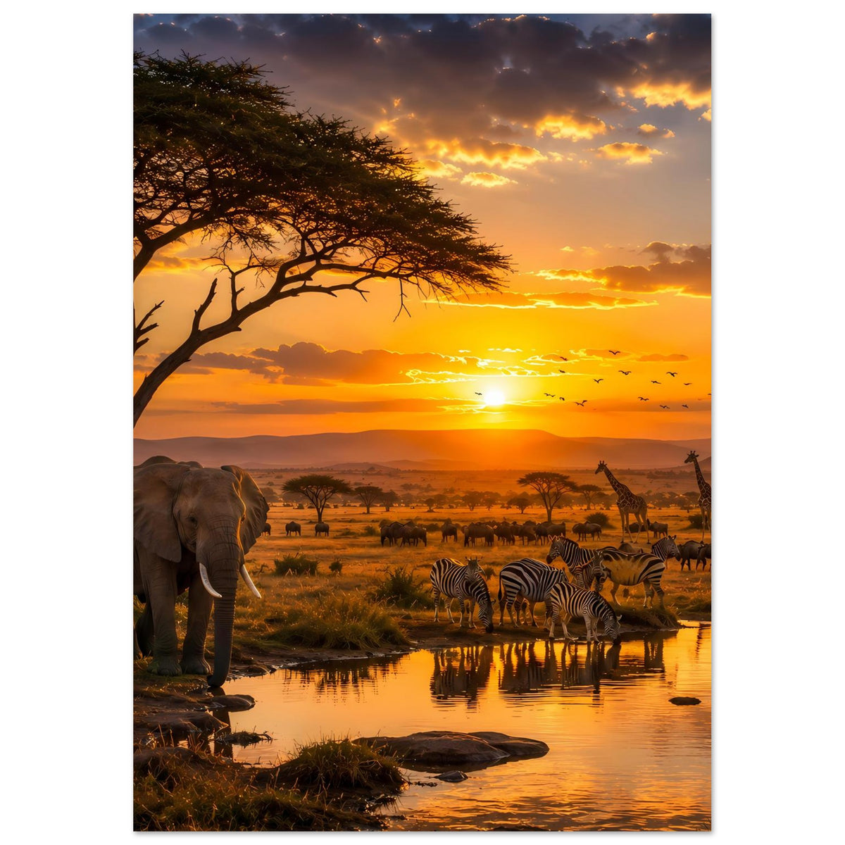 Hochformat-Poster mit Elefanten, Zebras und Giraffen am Wasserloch bei Sonnenuntergang