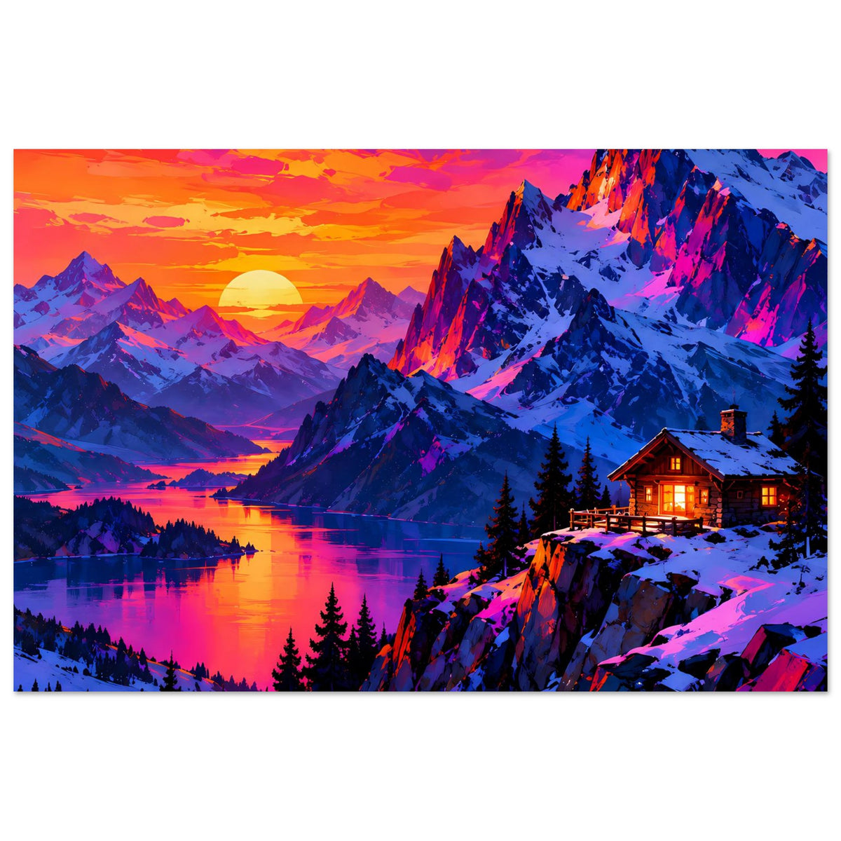 Querformat-Poster mit Bergsee im Sonnenuntergang, farbige Gipfel und beleuchtete Hütte
