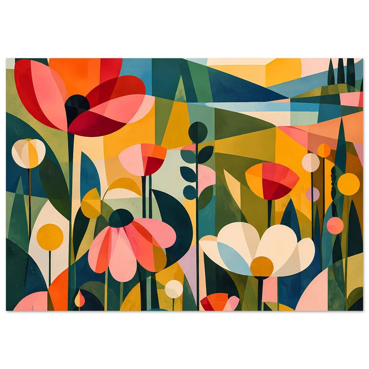 Abstraktes Blumenposter im Querformat: rote Blüten, gelbe Kreise und grünes Dickicht