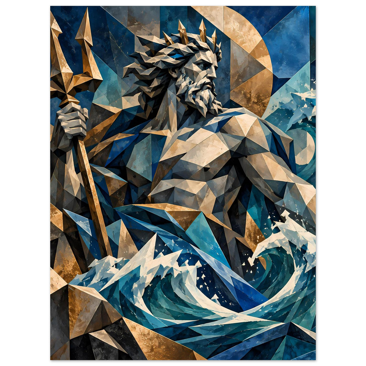Geometrisches Poseidon-Poster, Ganzmotiv: Dreizack, Kopf und Wellen in Blau-Gold-Polygonen.