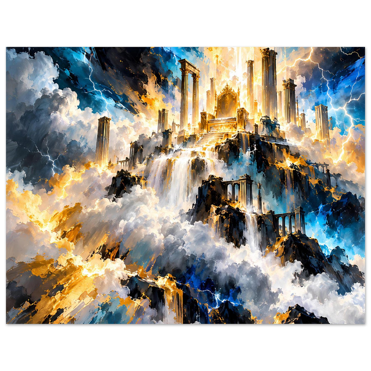 Fantasy-Poster im Querformat: goldener Tempel, Wasserfälle, blaue Wolken und Gewitterblitze