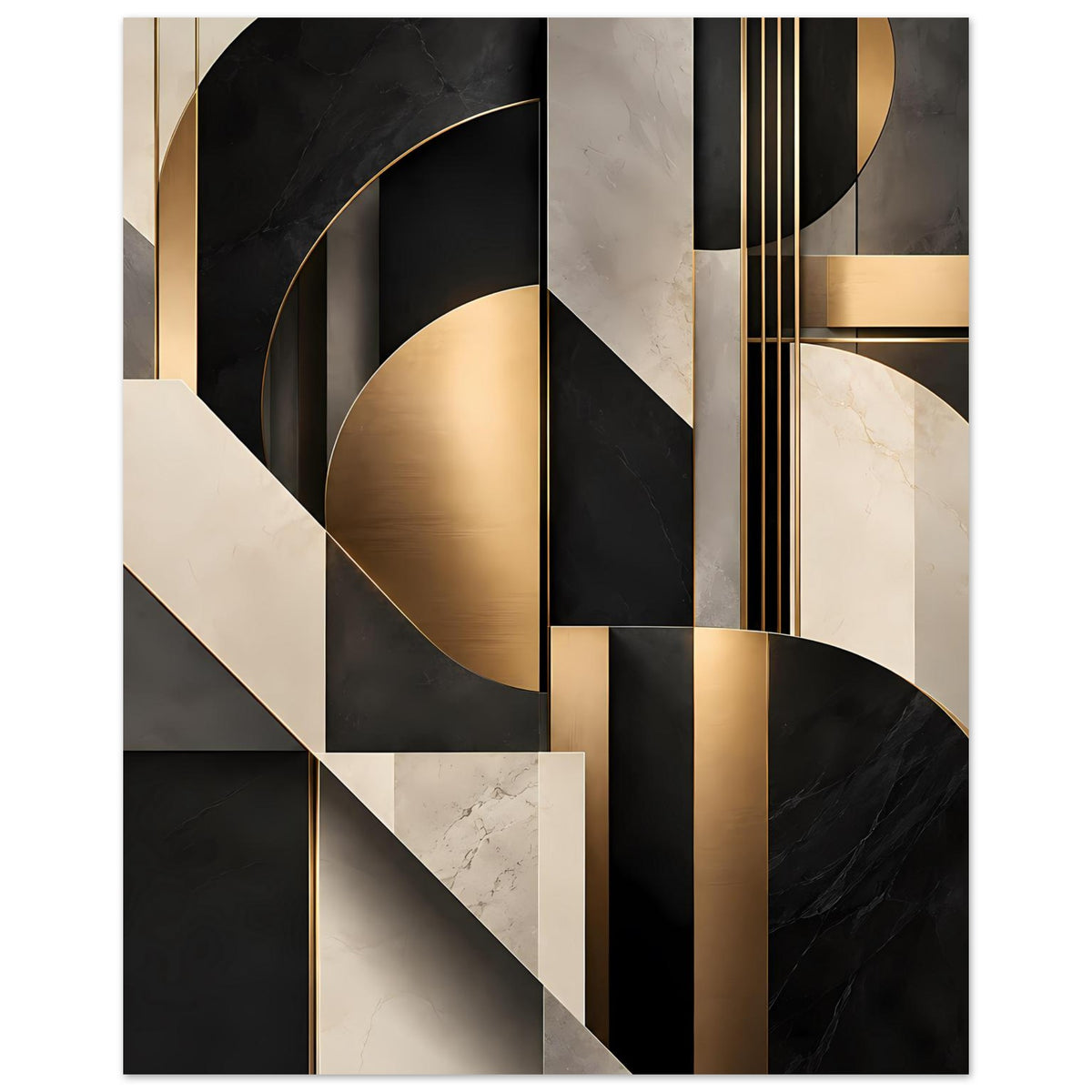 Geometrisches Kunstposter: Goldfarbene Bögen, schwarze Flächen und helle Marmorstreifen