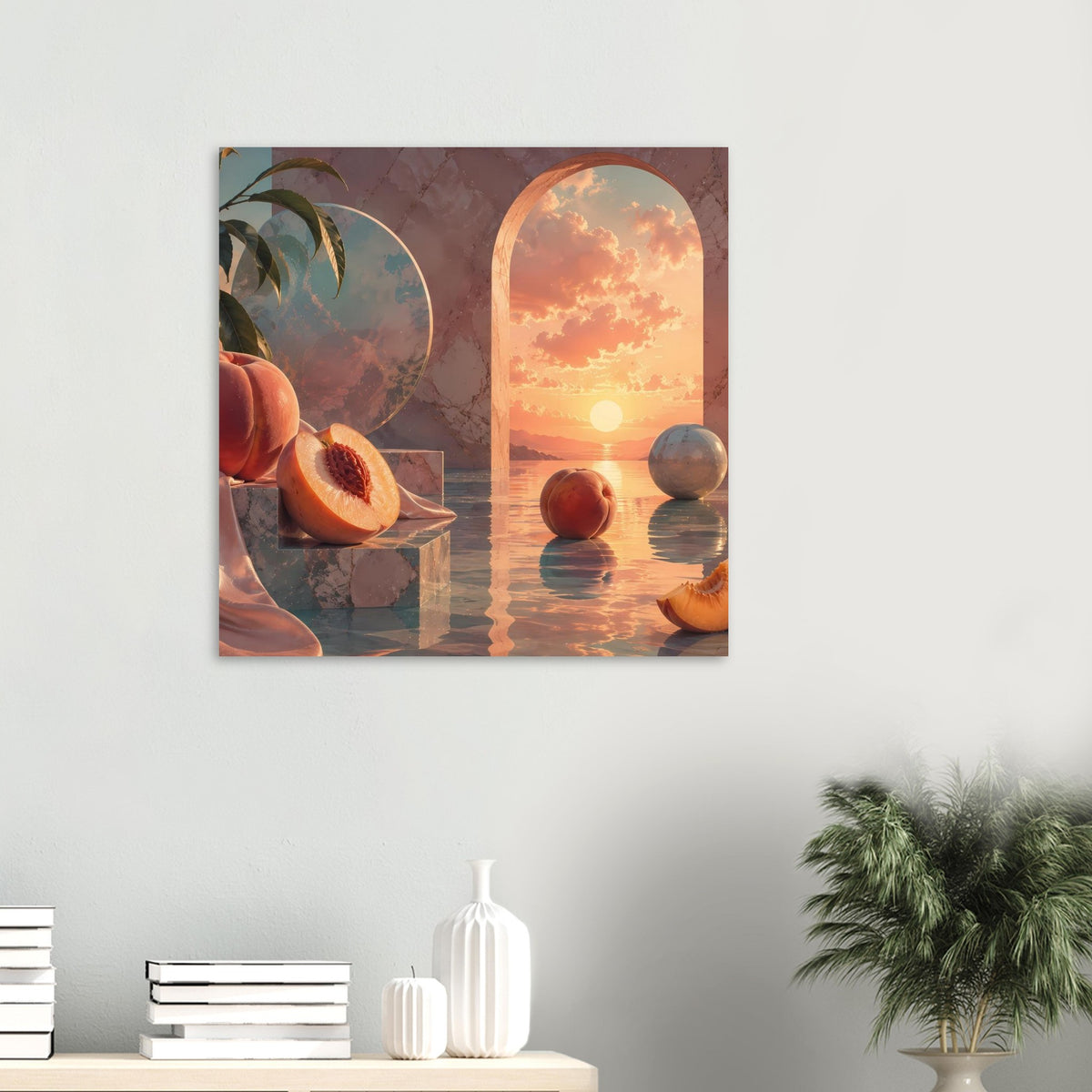 Wandbild-Poster mit Pfirsich-Stillleben, Rundbogen und Sonne, im Wohnraum gehängt