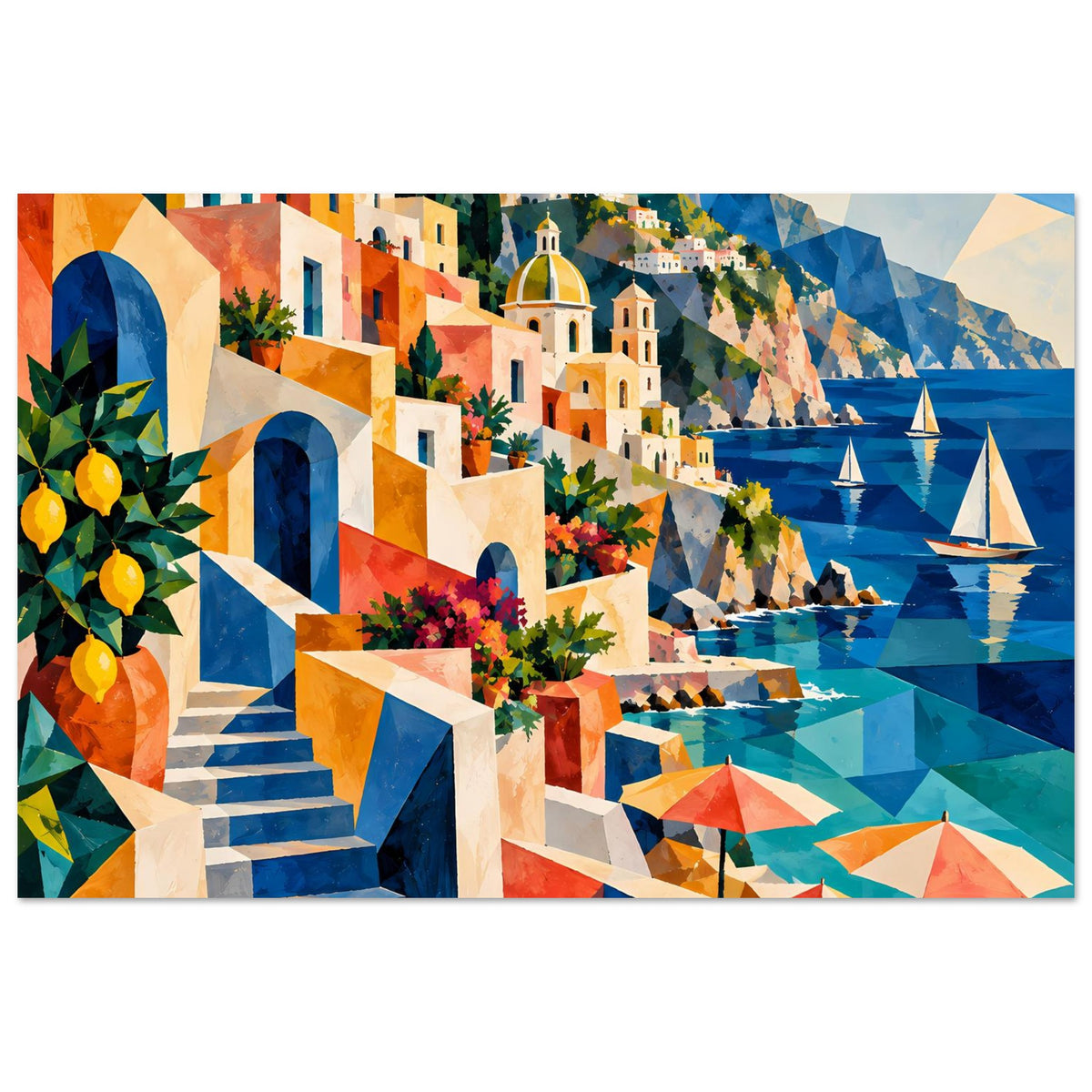 Mediterranes Küstenmotiv-Poster mit bunten Häusern, Meer und Segelbooten am Ufer