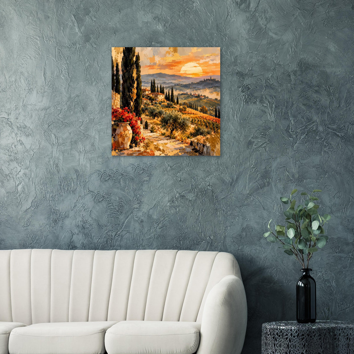 Toskana-Poster im Querformat: Zypressen, Hügellandschaft und goldener Abendhimmel