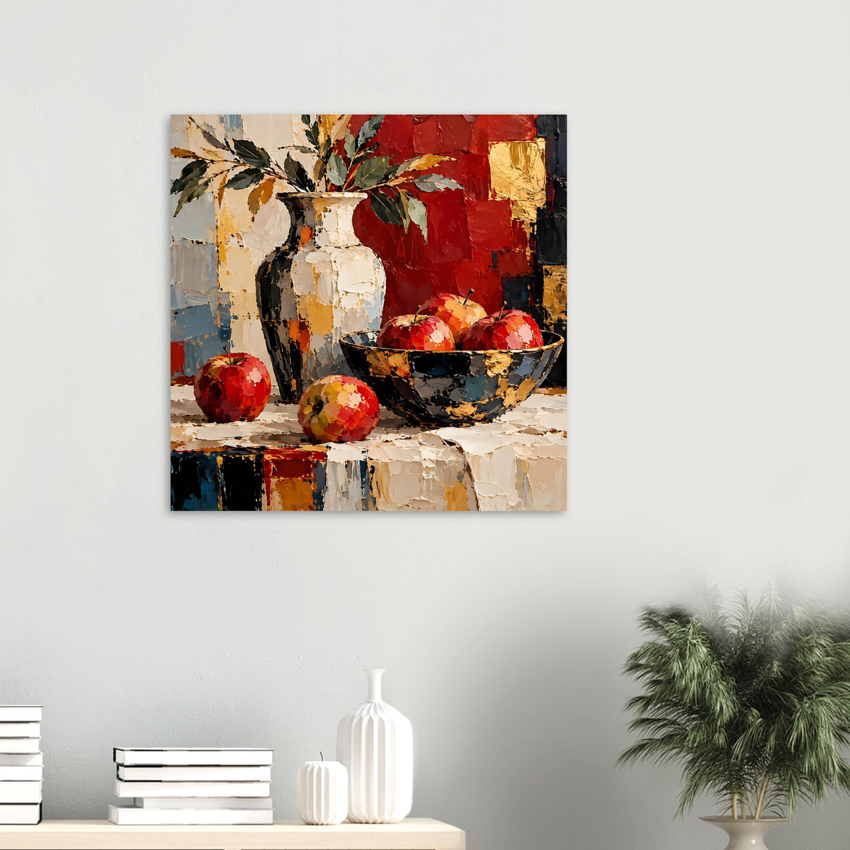 Kunstposter mit Stillleben: Vase, Schale mit roten Früchten und rote Wandflächen
