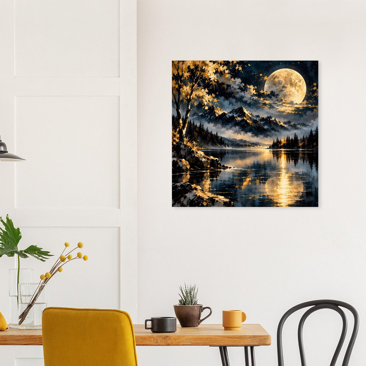 Landschaftsposter im schwarzen Rahmen: Nachtlandschaft mit Vollmond, See-Spiegelung und Bergwald