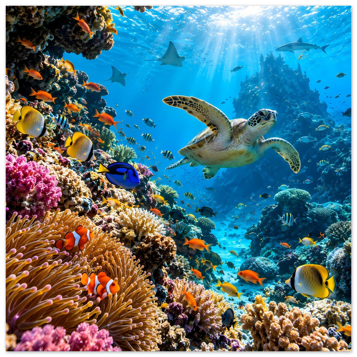 Poster Meeresschildkröte über Korallenriff: bunte Fische, Anemonen und leuchtendes Blau