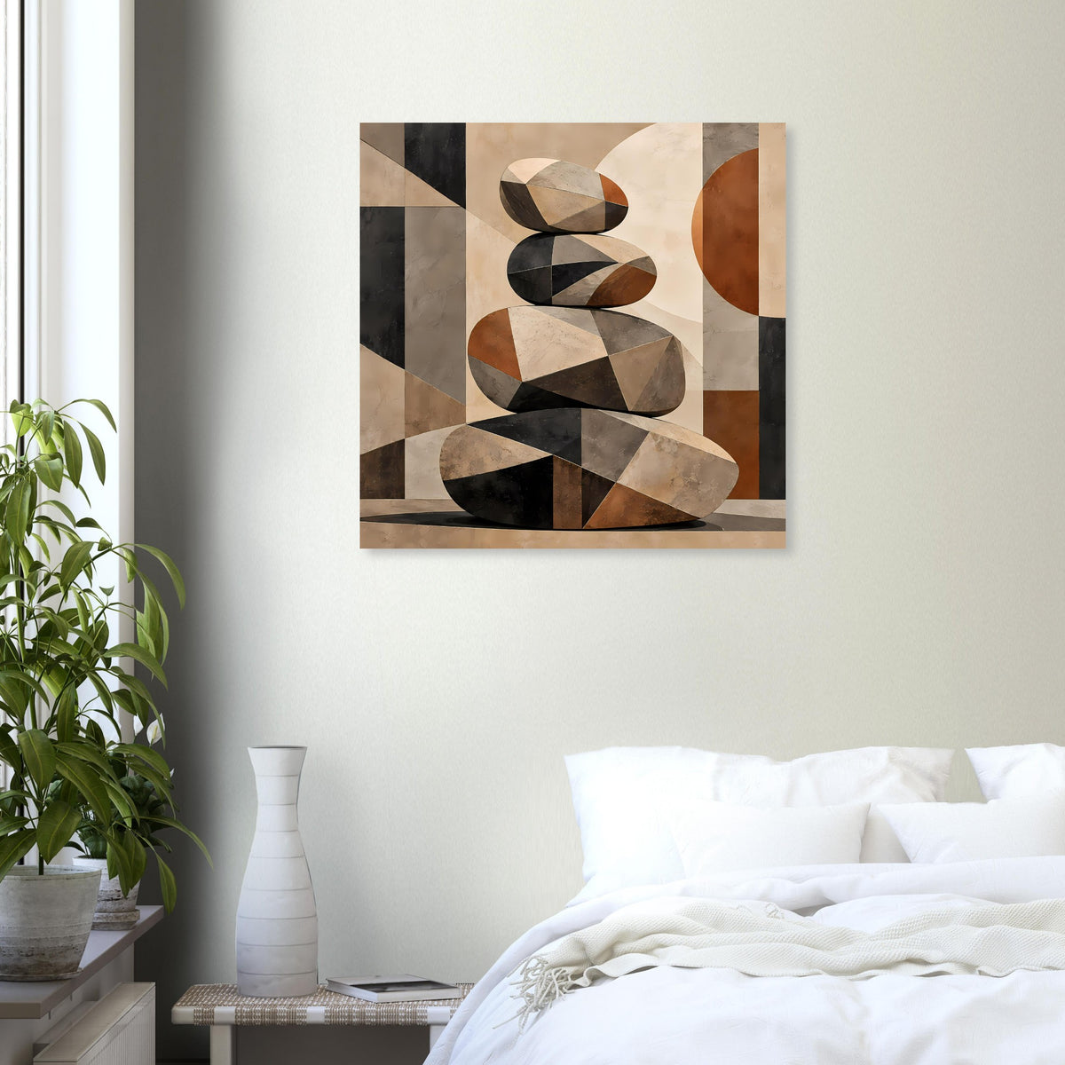 Quadratisches Zen-Poster mit abstrakten Steinformen in Beige-, Braun- und Schwarztönen