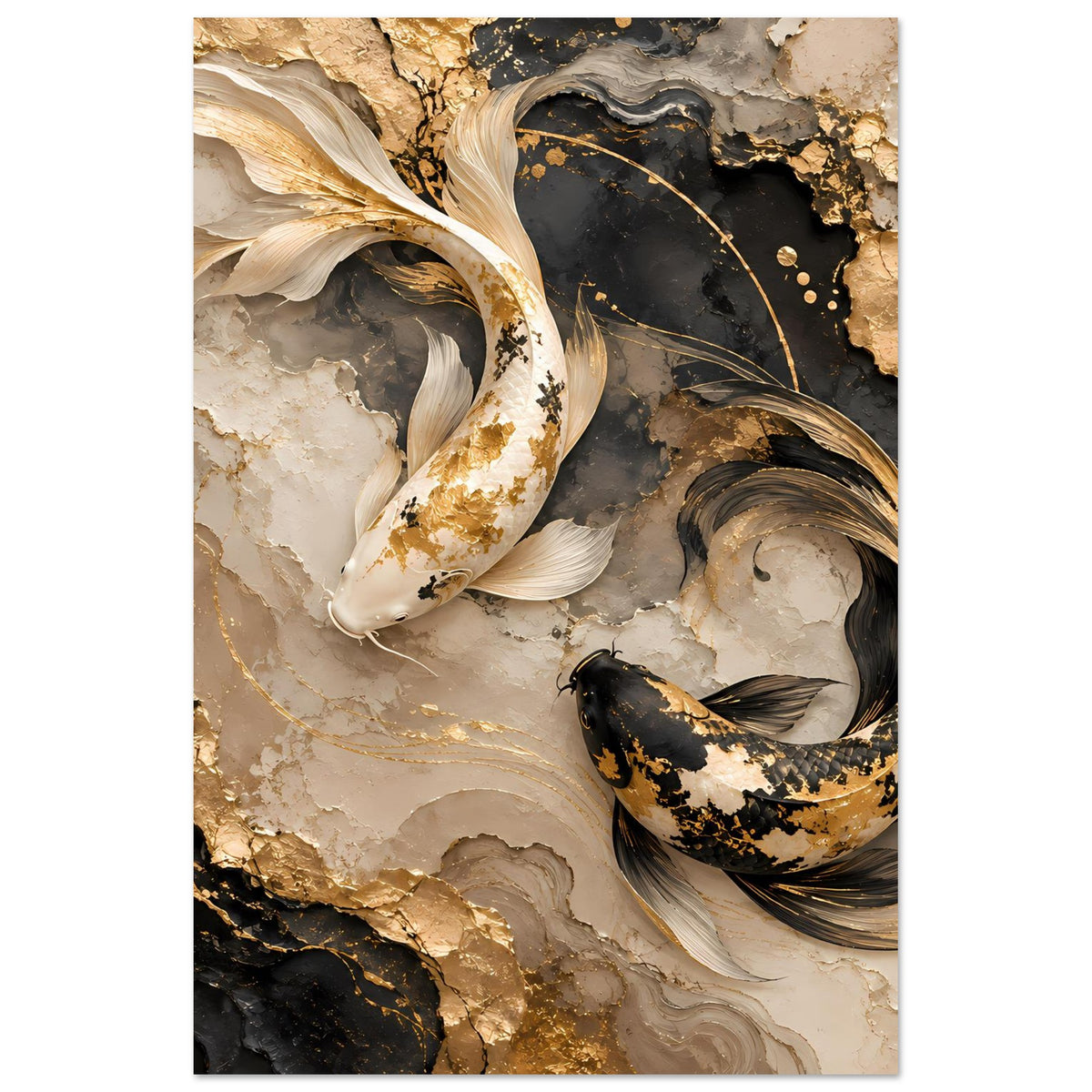 Hochformat-Kunstposter: Koi-Fische in Gold, Schwarz und Creme auf marmorierter Fläche