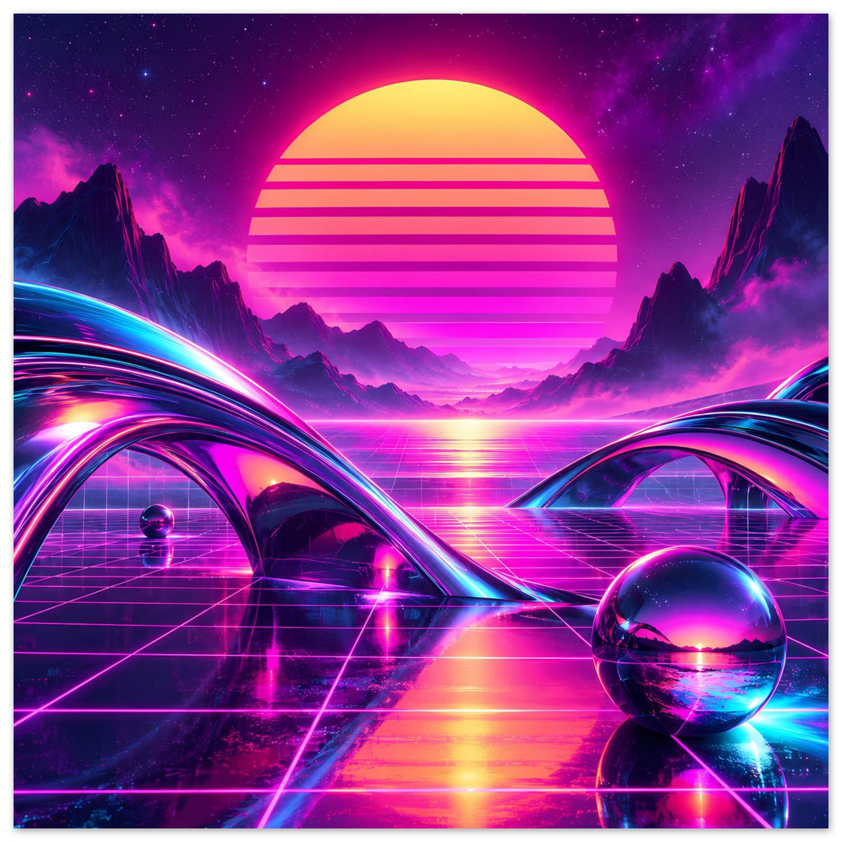 Neon-Science-Fiction-Poster mit Kreis-Sonne, Neonrampen, reflektierender Glaskugel und Grid-Pfeilern