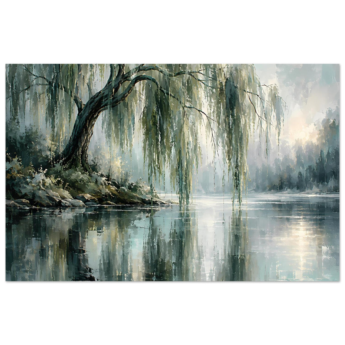 Querformat-Poster mit grünen Weiden am See und Spiegelung im Wasser