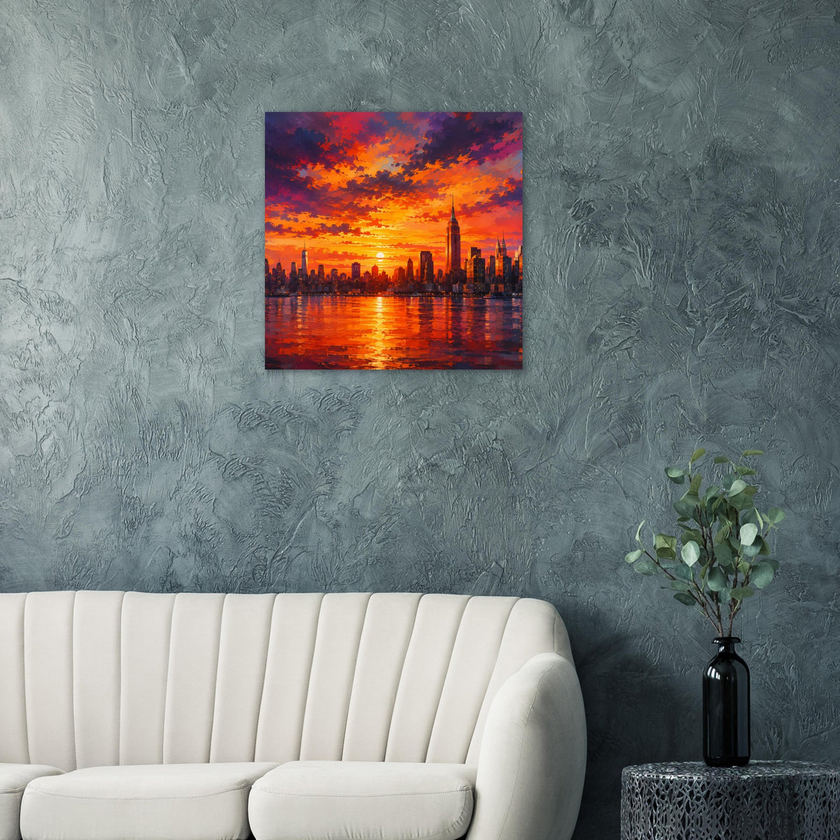 Quadratisches Stadtposter: Sonnenuntergang am Fluss mit Skyline-Spiegelung, dunkler Rahmen