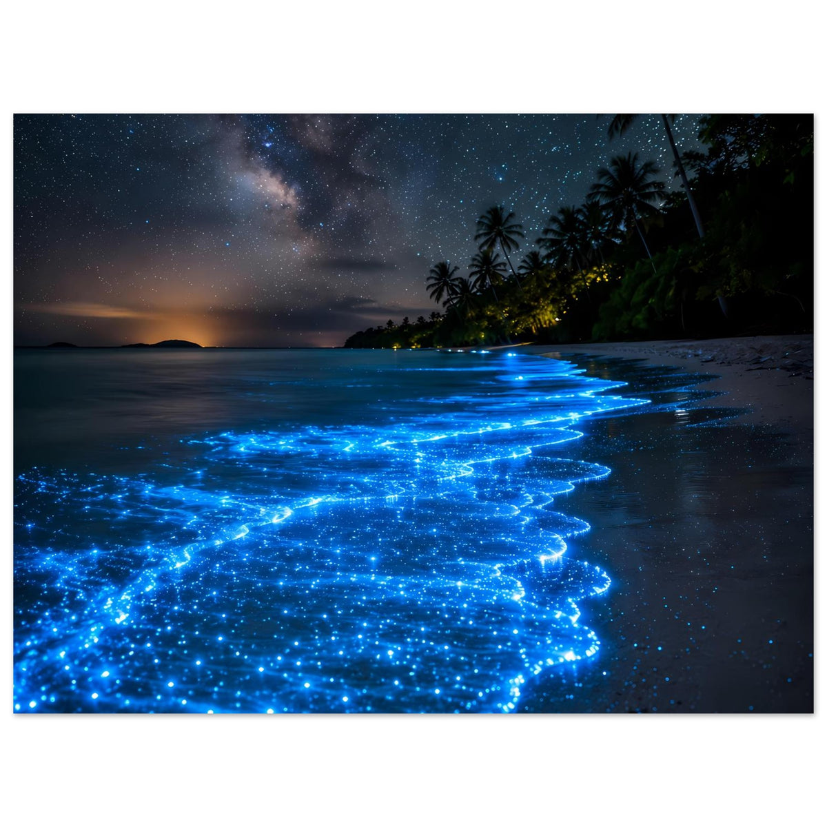 Meeresposter im Querformat: blau leuchtende Wellen auf nassem Sand bei Nacht