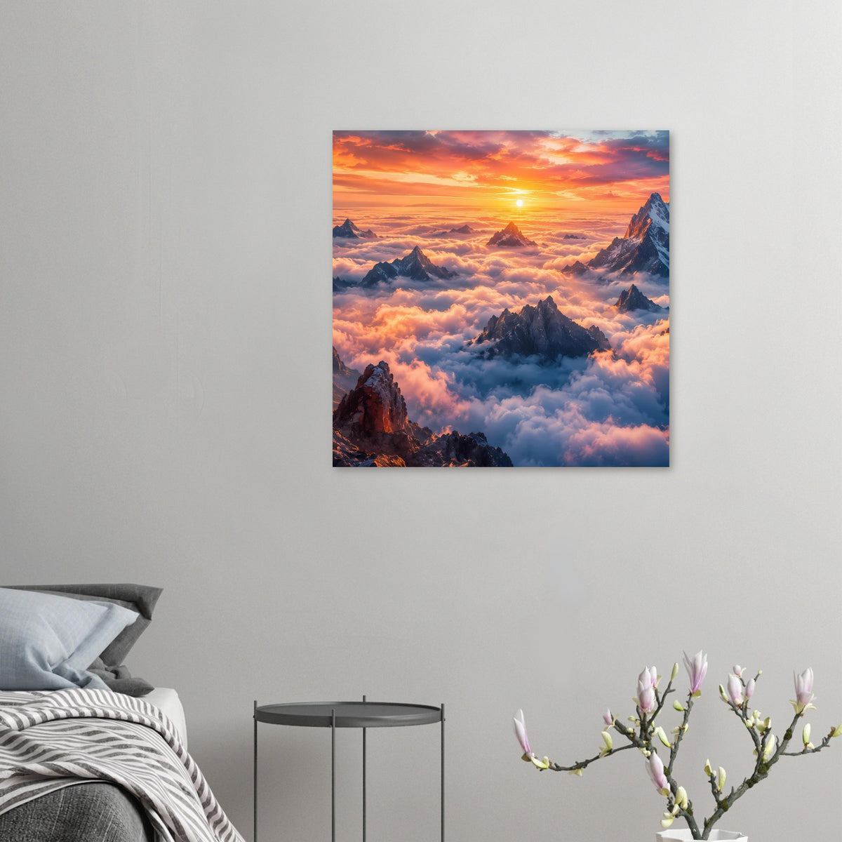 Kleines Poster im Quadratformat mit Sonnenaufgang über Bergen und Wolkenmeer