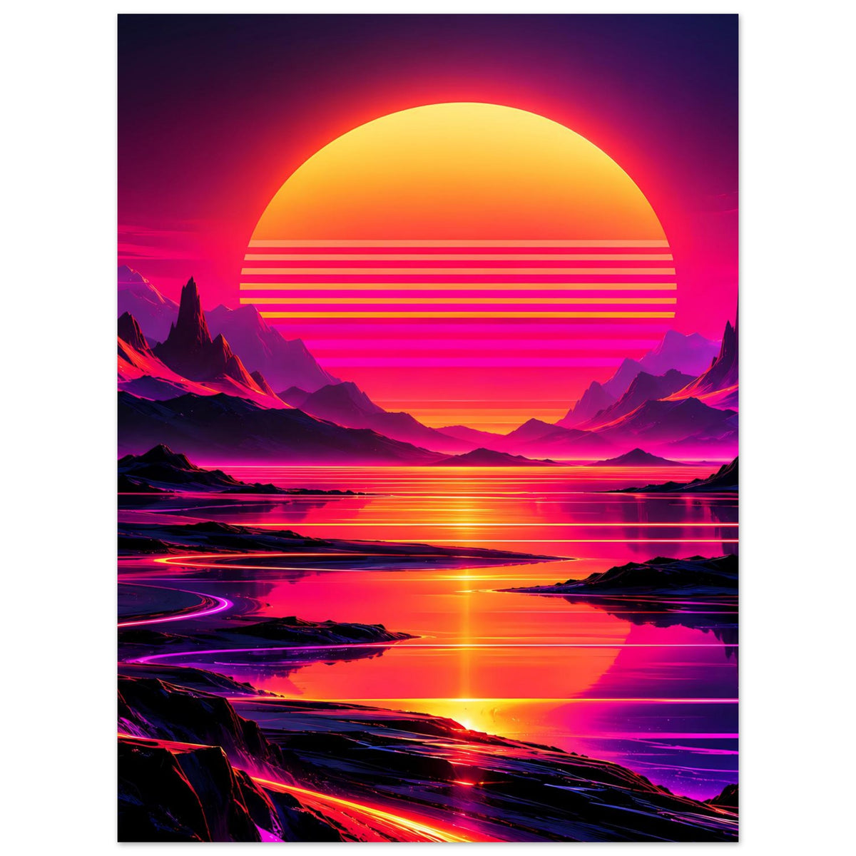 Neon-Kunstdruck im Hochformat: Sonne über Berglandschaft mit Wasser und Neonlinien