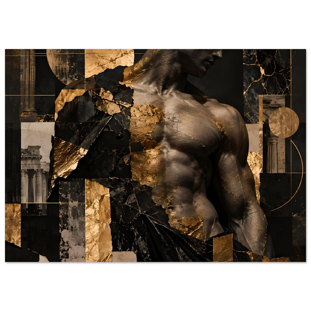 Kunstposter mit Skulpturmotiv in Schwarz-Gold, goldene Einschlüsse und Marmorstruktur