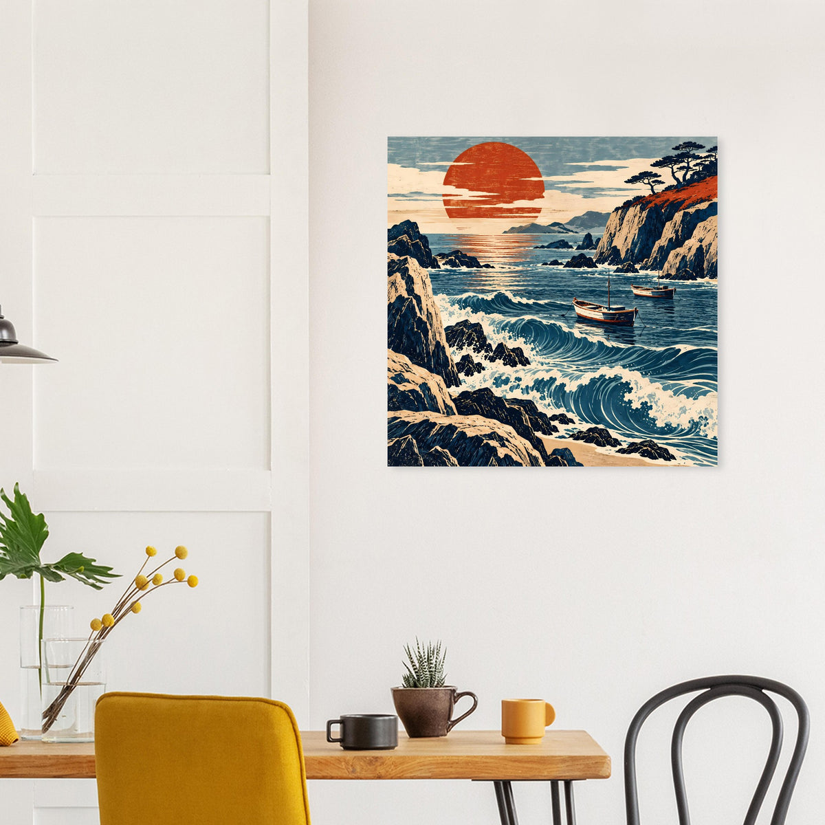 Quadratisches Wandposter mit Sonnenuntergang über dem Meer, Wellen und Küstenfelsen