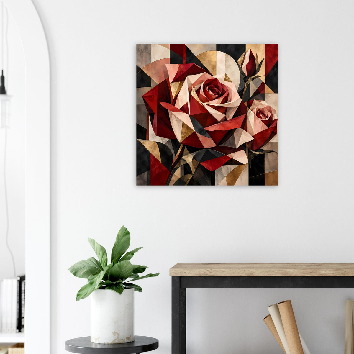 Blumenposter mit geometrischer Rose in Rot- und Goldtönen