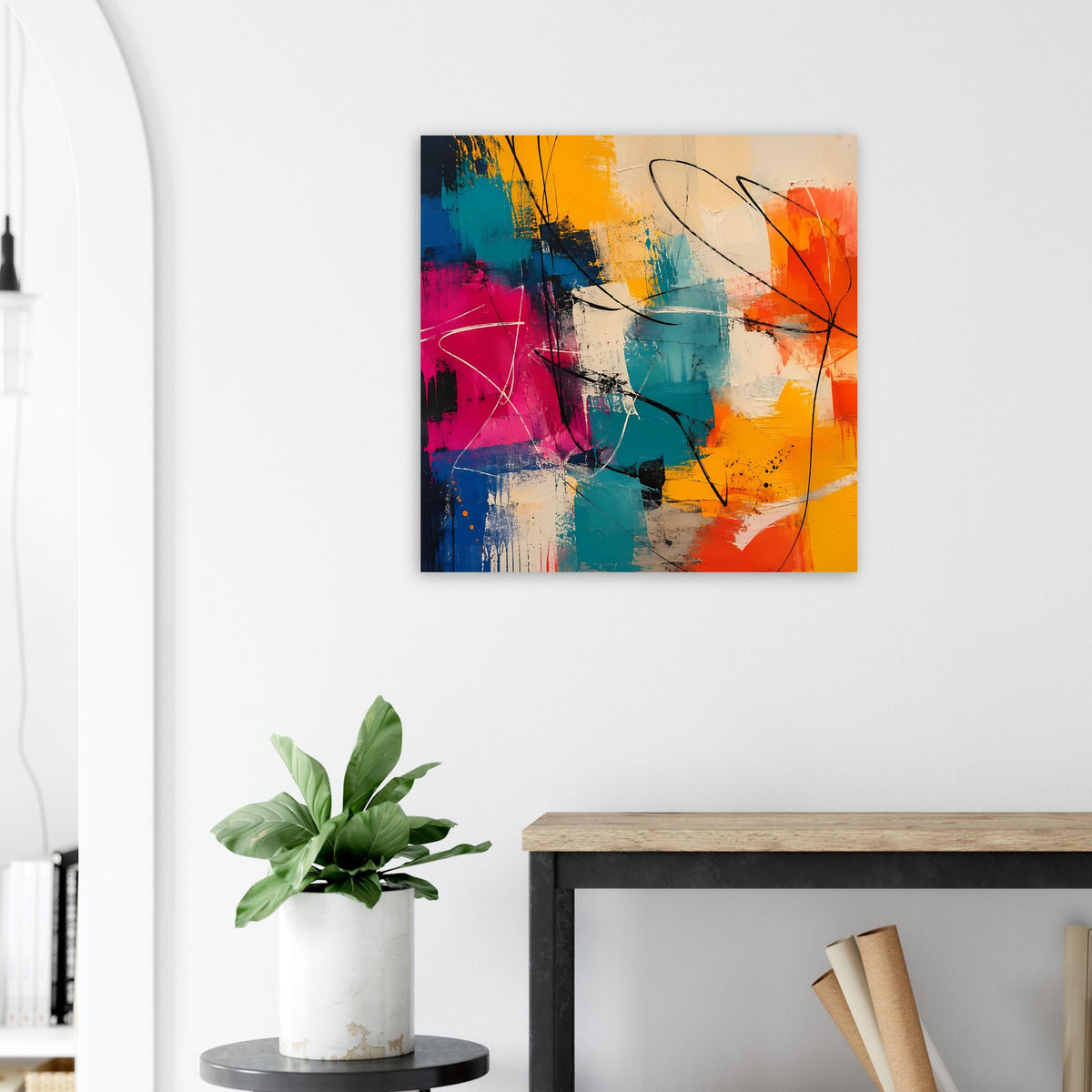 Abstraktes Poster mit orangefarbenem, blauem und pinkem Farbkontrast und Linien