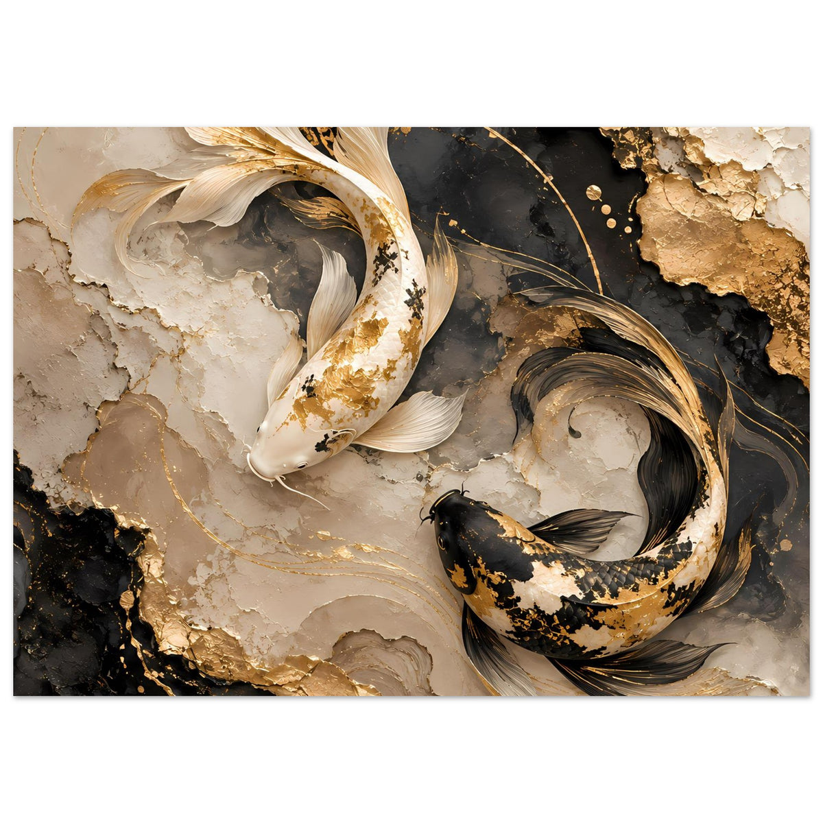 Wandposter: goldene Koi-Fische auf beigem und schwarzem Marmoreffekt mit goldenen Akzenten